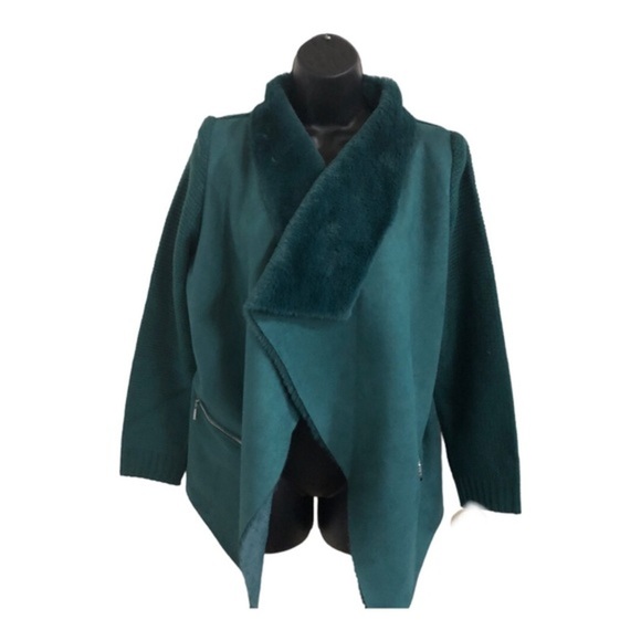 Green faux fur shawl collar textured knit cardigan jacket shacket size Medium - Picture 4 of 13